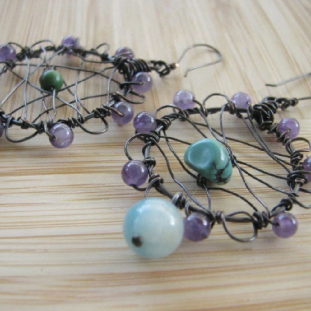 Handmade Boho Dream Catcher Earrings Amethyst Turquoise Amazonite - Picture 5 of 7